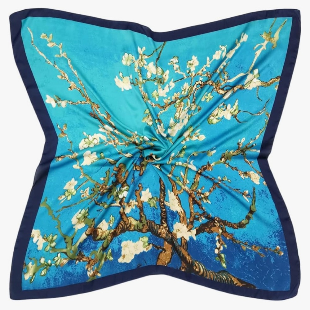 Silk like Blue White Flowers Print Head Scarf 35" Square Silk Hair Wrap